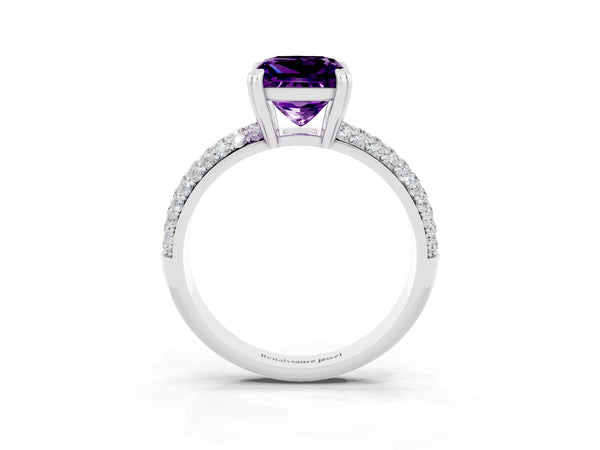 Platinum Princess Cut Amethyst Solitaire Ring with Multi-Row Round Pavé Band and Prong Setting