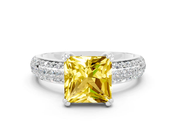 White gold Princess Cut Yellow Sapphire Solitaire Ring with Multi-Row Round Pavé Band and Prong Setting