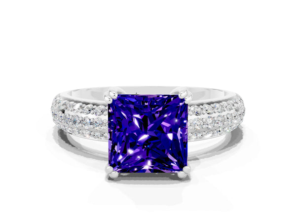 Silver Princess Cut Tanzanite Solitaire Ring with Multi-Row Round Pavé Band and Prong Setting