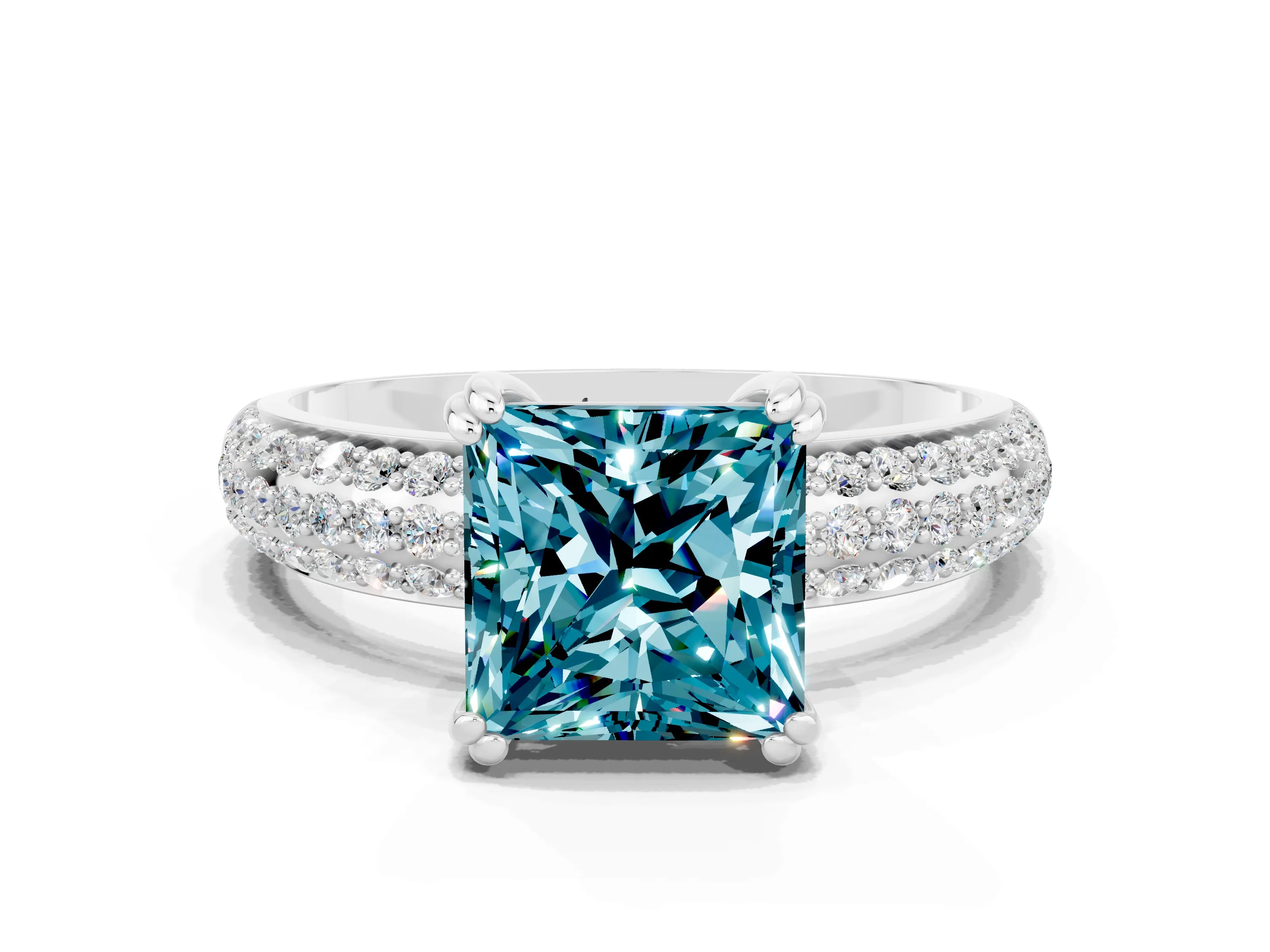 White gold Princess Cut Cut Pave Diamond Engagement Ring with Channel Set Band and Four-Prong Setting