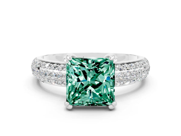 Platinum Princess Cut Green Sapphire Solitaire Ring with Multi-Row Round Pavé Band and Prong Setting