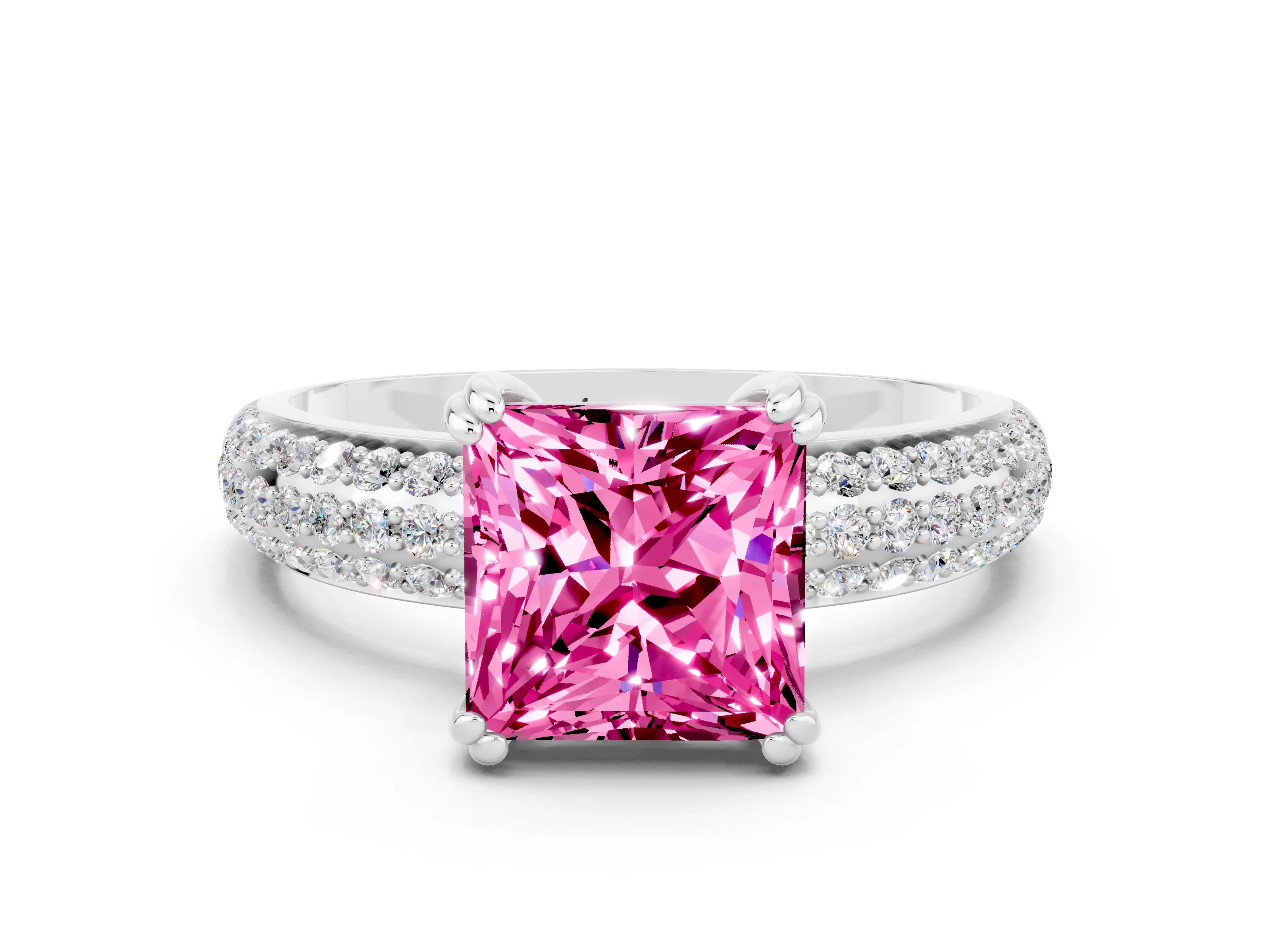 White gold Princess Cut Cut Pave Diamond Engagement Ring with Channel Set Band and Four-Prong Setting