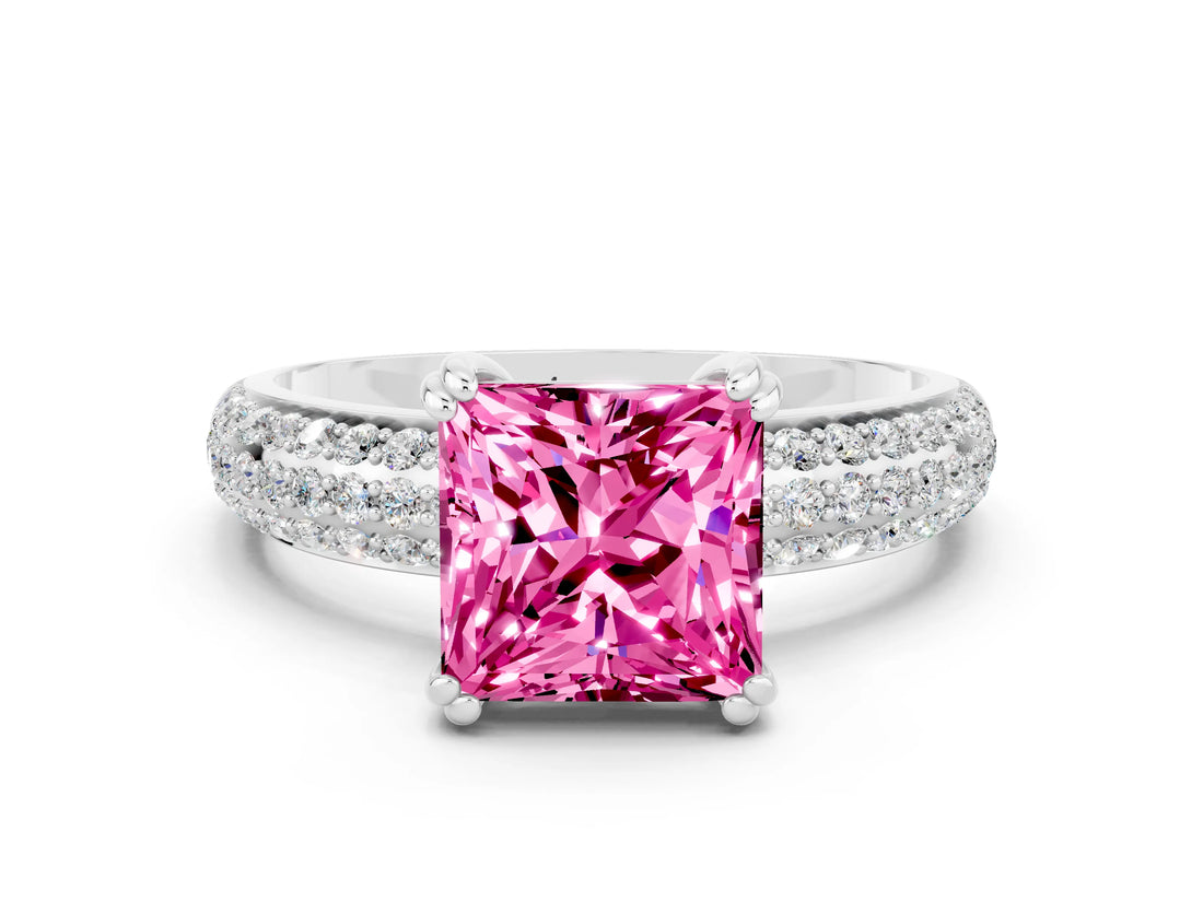 White gold Princess Cut Cut Pave Diamond Engagement Ring with Channel Set Band and Four-Prong Setting