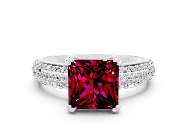 Platinum Princess Cut Garnet Solitaire Ring with Multi-Row Round Pavé Band and Prong Setting