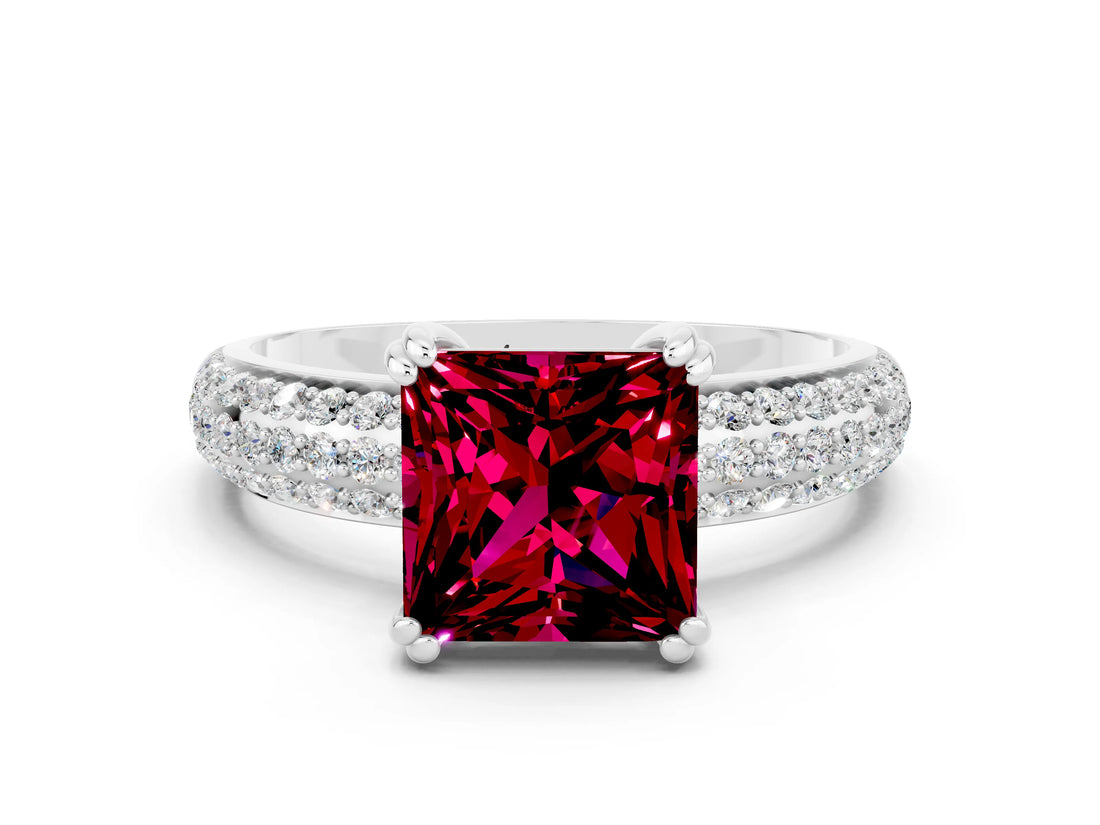 White gold Princess Cut Cut Pave Diamond Engagement Ring with Channel Set Band and Four-Prong Setting