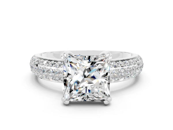 White gold Princess Cut Moissanite Solitaire Ring with Multi-Row Round Pavé Band and Prong Setting