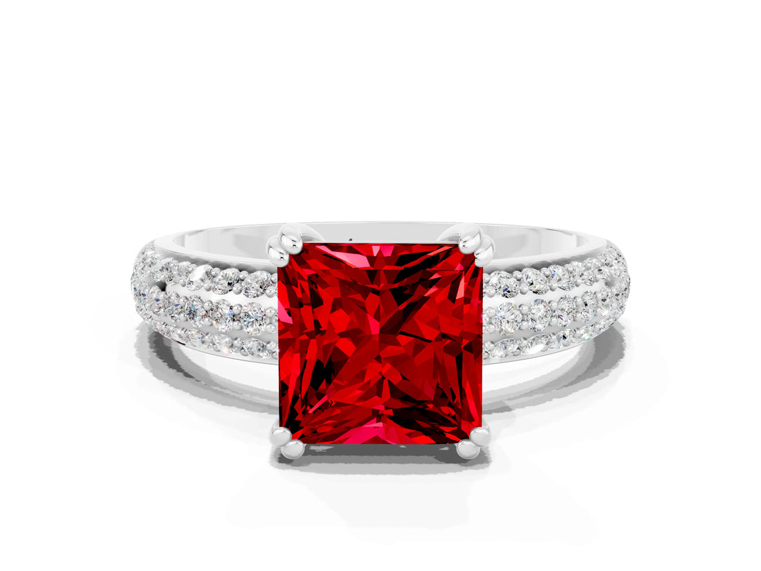 White gold Princess Cut Cut Pave Diamond Engagement Ring with Channel Set Band and Four-Prong Setting