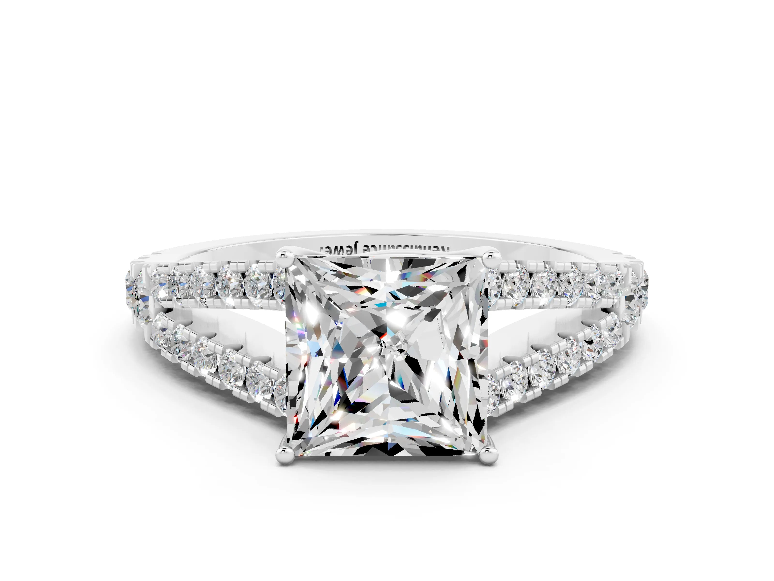 White gold Princess Cut Cut Split Shank Pave Diamond Engagement Ring with Four-Prong Setting