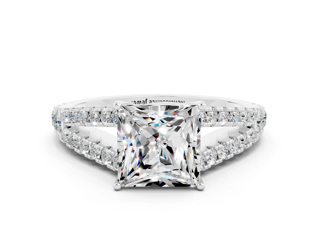 White gold Princess Cut Cut Split Shank Pave Diamond Engagement Ring with Four-Prong Setting