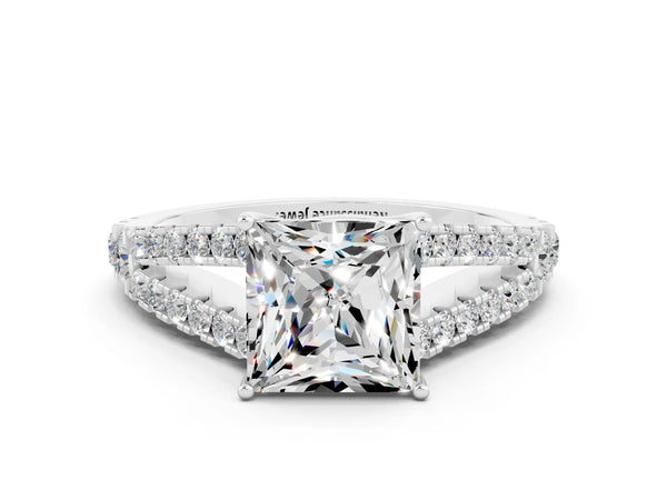 Silver Princess Cut Moissanite Split Shank Engagement Ring with Round Pavé and Prong Setting
