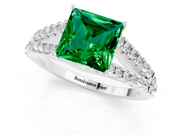 Platinum Princess Cut Emerald Split Shank Engagement Ring with Round Pavé and Prong Setting