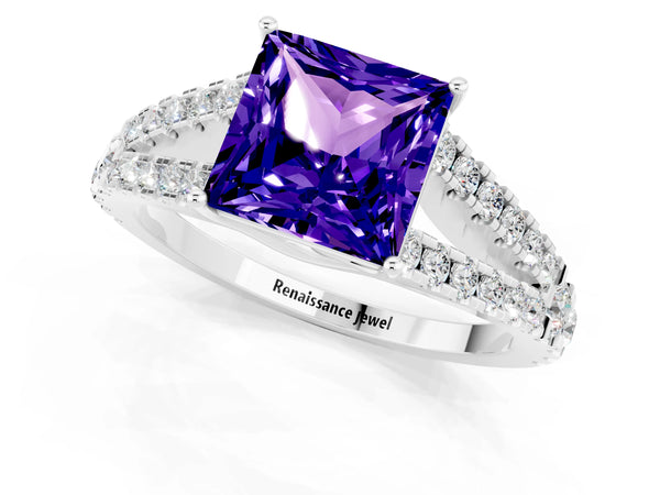 Silver Princess Cut Tanzanite Split Shank Engagement Ring with Round Pavé and Prong Setting