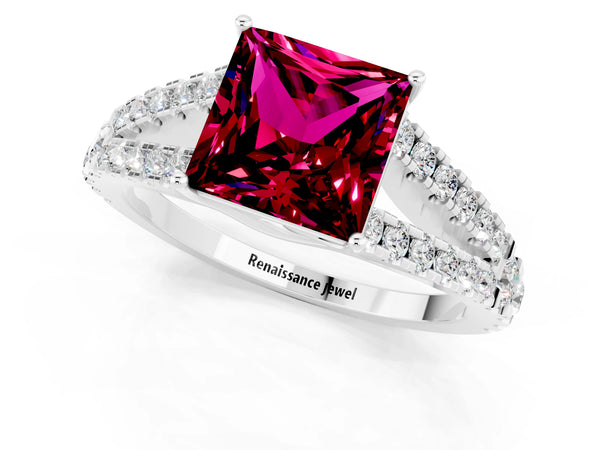 White gold Princess Cut Garnet Split Shank Engagement Ring with Round Pavé and Prong Setting
