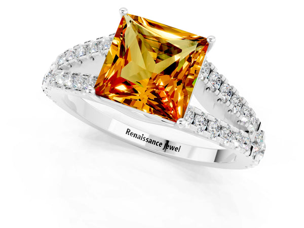 Platinum Princess Cut Citrine Split Shank Engagement Ring with Round Pavé and Prong Setting