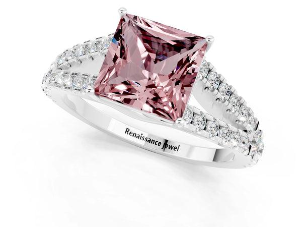 Silver Princess Cut Cut Split Shank Pave Diamond Engagement Ring with Four-Prong Setting