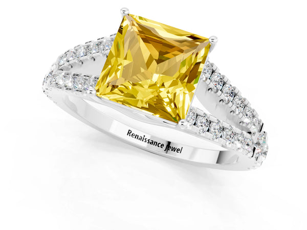 Silver Princess Cut Yellow Sapphire Split Shank Engagement Ring with Round Pavé and Prong Setting