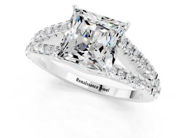 White gold Princess Cut Moissanite Split Shank Engagement Ring with Round Pavé and Prong Setting