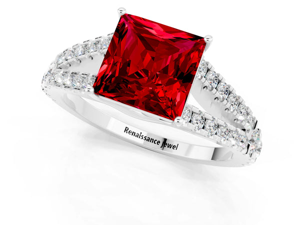 Platinum Princess Cut Ruby Split Shank Engagement Ring with Round Pavé and Prong Setting