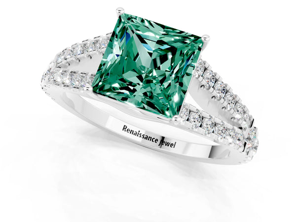 Silver Princess Cut Green Sapphire Split Shank Engagement Ring with Round Pavé and Prong Setting