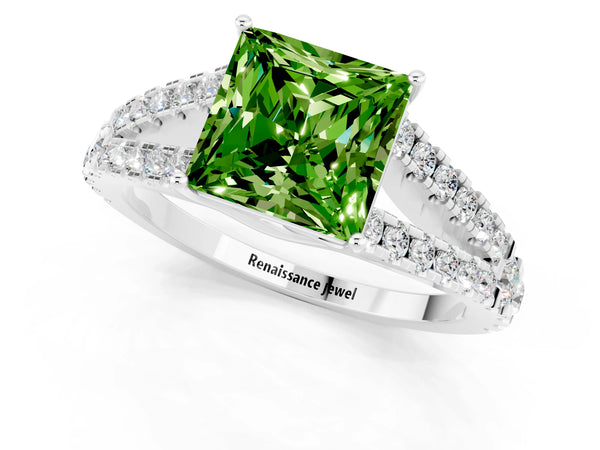 Silver Princess Cut Cut Split Shank Pave Diamond Engagement Ring with Four-Prong Setting