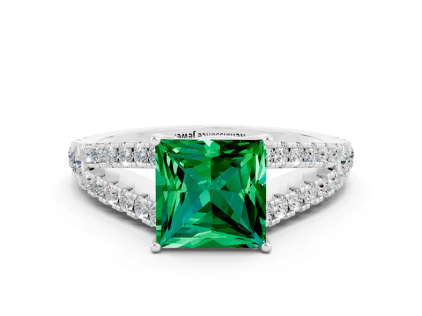 Silver Princess Cut Emerald Split Shank Engagement Ring with Round Pavé and Prong Setting