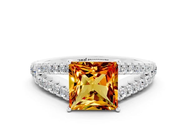 Silver Princess Cut Citrine Split Shank Engagement Ring with Round Pavé and Prong Setting