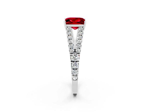 White gold Princess Cut Ruby Split Shank Engagement Ring with Round Pavé and Prong Setting