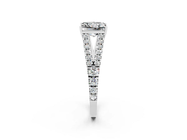 White gold Princess Cut Moissanite Split Shank Engagement Ring with Round Pavé and Prong Setting