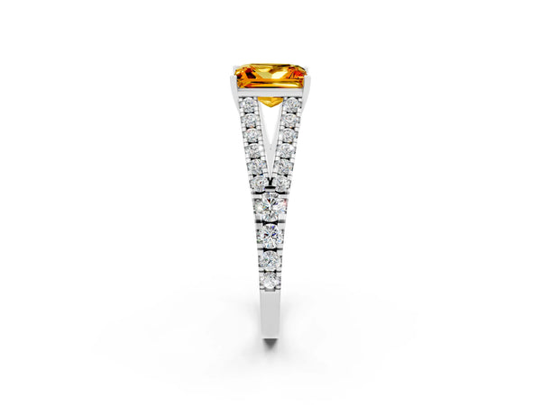White gold Princess Cut Citrine Split Shank Engagement Ring with Round Pavé and Prong Setting