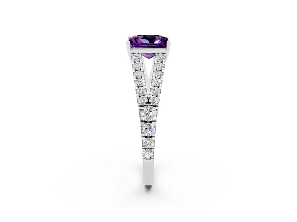 Silver Princess Cut Amethyst Split Shank Engagement Ring with Round Pavé and Prong Setting