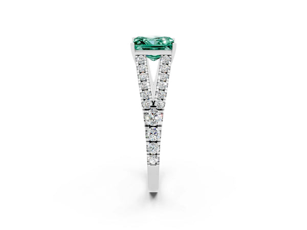 Platinum Princess Cut Green Sapphire Split Shank Engagement Ring with Round Pavé and Prong Setting