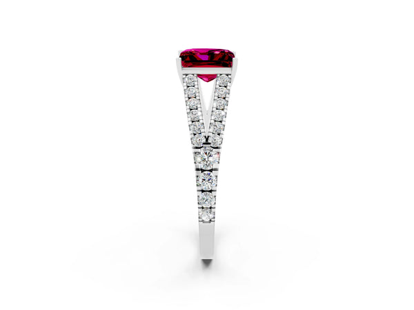 White gold Princess Cut Garnet Split Shank Engagement Ring with Round Pavé and Prong Setting