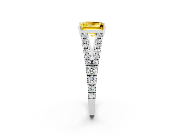 Platinum Princess Cut Yellow Sapphire Split Shank Engagement Ring with Round Pavé and Prong Setting