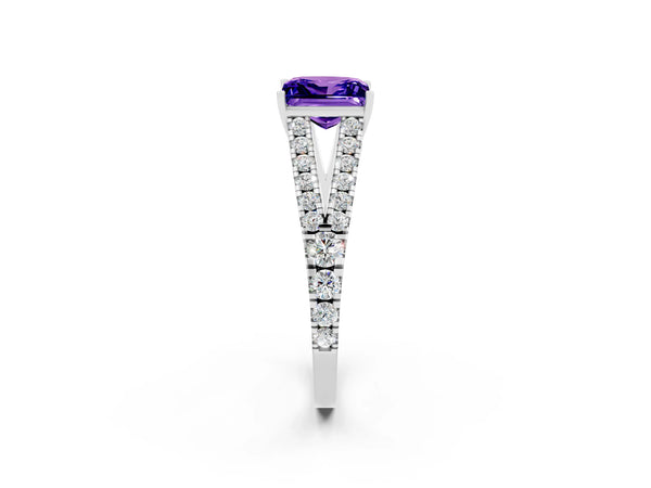 White gold Princess Cut Tanzanite Split Shank Engagement Ring with Round Pavé and Prong Setting