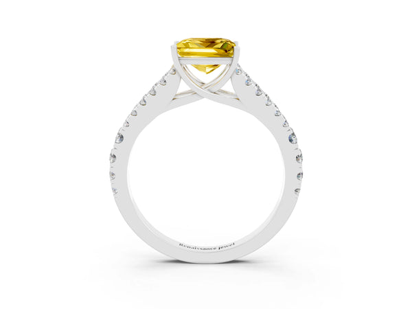 Platinum Princess Cut Yellow Sapphire Split Shank Engagement Ring with Round Pavé and Prong Setting