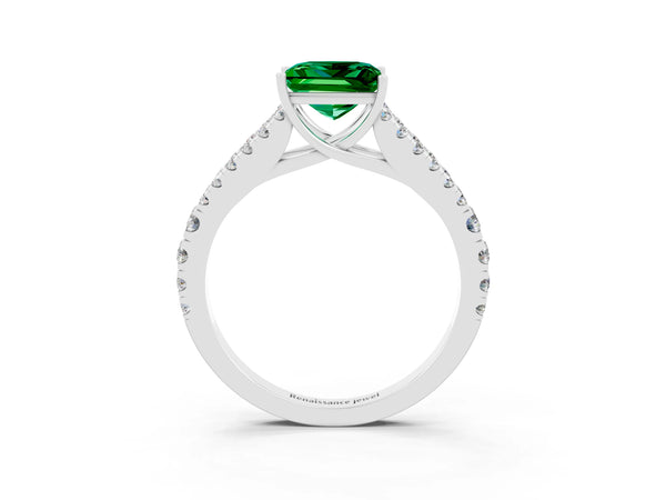 Silver Princess Cut Emerald Split Shank Engagement Ring with Round Pavé and Prong Setting