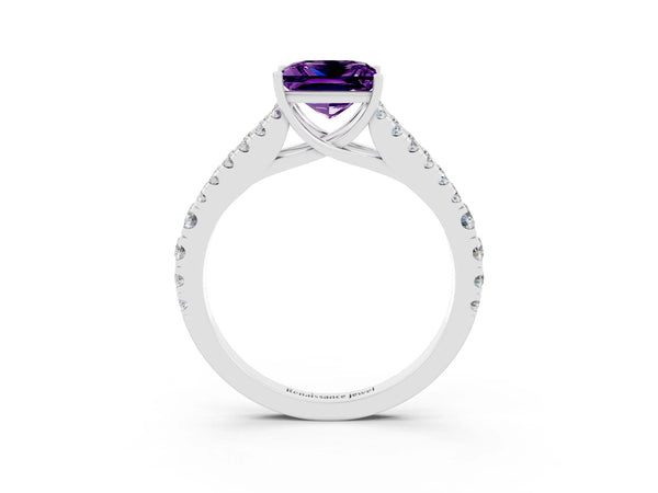 Silver Princess Cut Amethyst Split Shank Engagement Ring with Round Pavé and Prong Setting