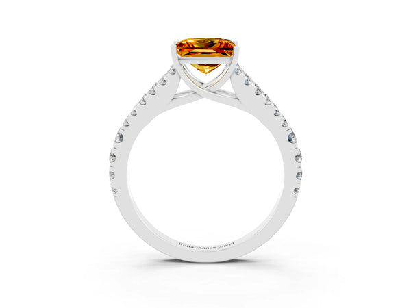 Platinum Princess Cut Citrine Split Shank Engagement Ring with Round Pavé and Prong Setting