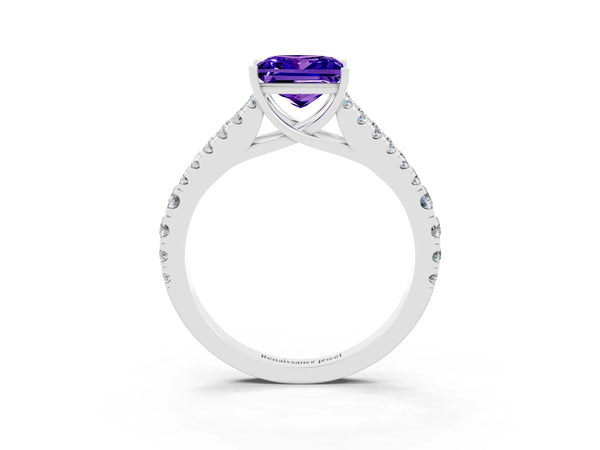 Silver Princess Cut Tanzanite Split Shank Engagement Ring with Round Pavé and Prong Setting