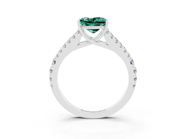 Platinum Princess Cut Green Sapphire Split Shank Engagement Ring with Round Pavé and Prong Setting