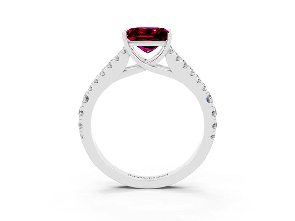 White gold Princess Cut Garnet Split Shank Engagement Ring with Round Pavé and Prong Setting