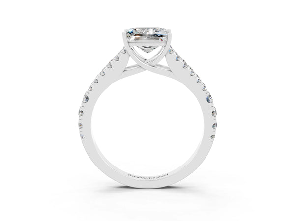 White gold Princess Cut Moissanite Split Shank Engagement Ring with Round Pavé and Prong Setting