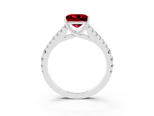 Platinum Princess Cut Ruby Split Shank Engagement Ring with Round Pavé and Prong Setting