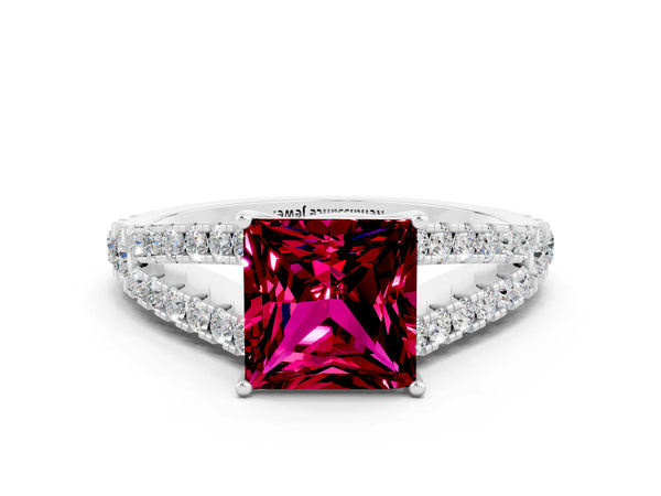 White gold Princess Cut Garnet Split Shank Engagement Ring with Round Pavé and Prong Setting