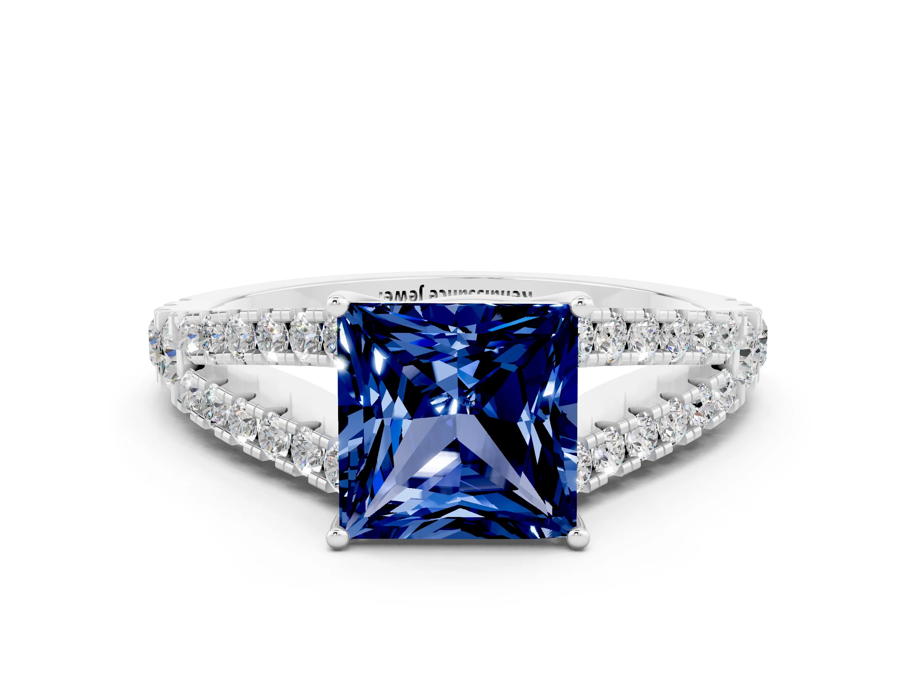White gold Princess Cut Cut Split Shank Pave Diamond Engagement Ring with Four-Prong Setting
