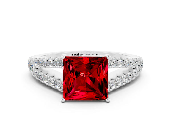 Platinum Princess Cut Ruby Split Shank Engagement Ring with Round Pavé and Prong Setting