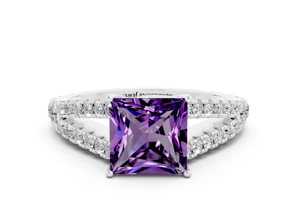 Silver Princess Cut Amethyst Split Shank Engagement Ring with Round Pavé and Prong Setting