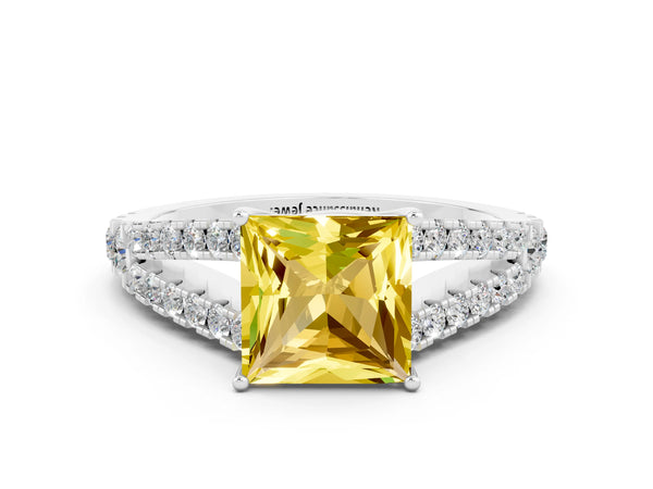 White gold Princess Cut Yellow Sapphire Split Shank Engagement Ring with Round Pavé and Prong Setting