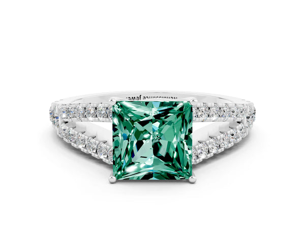 White gold Princess Cut Green Sapphire Split Shank Engagement Ring with Round Pavé and Prong Setting