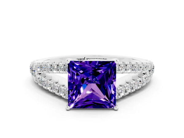 White gold Princess Cut Tanzanite Split Shank Engagement Ring with Round Pavé and Prong Setting